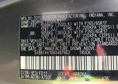 2006 Toyota Tundra Sr5 V8 из США, поврежденный, VIN 5TBBT44106S487662